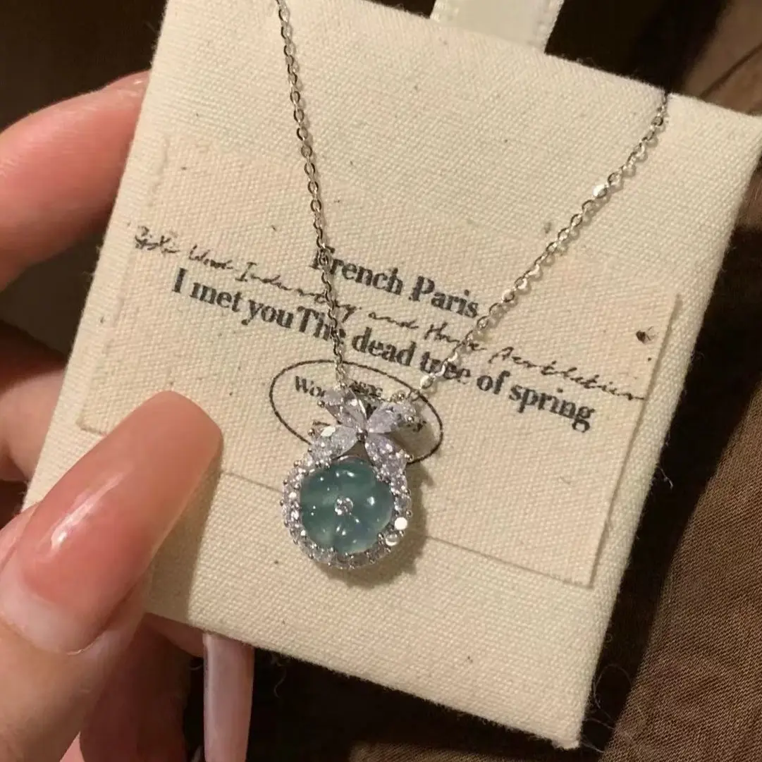 Natural Jade Necklace, More Jewelry in Livestream, Green Jade Necklace for Women, Water Blue Jadeite Necklace with Cute Ribbon, Jade Jewelry for Women & Men, Necklace Gift for Birthday Anniversary