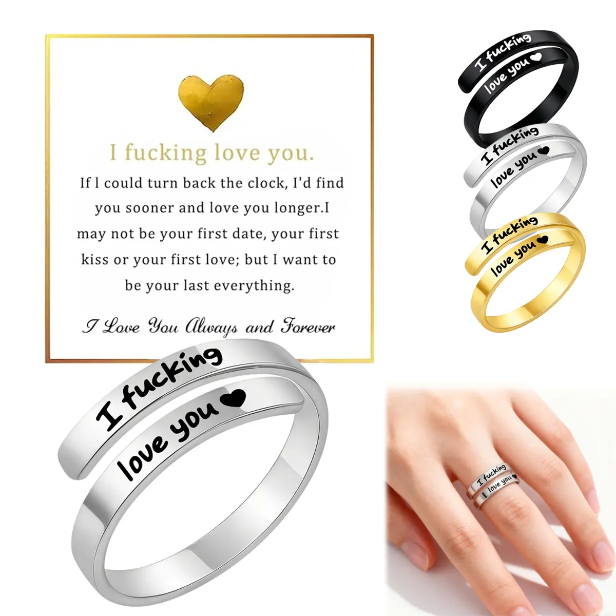 Back to School Gifts 'I Fvcking Love You' Engraved Promise Ring, Vintage Stainless Steel Spiral Wrap Band for Women & Men, Adjustable Non-Tarnish Love Gifts for Wife or GF, Promise Ringsfor Her/Him, Non-Tarnish Rings