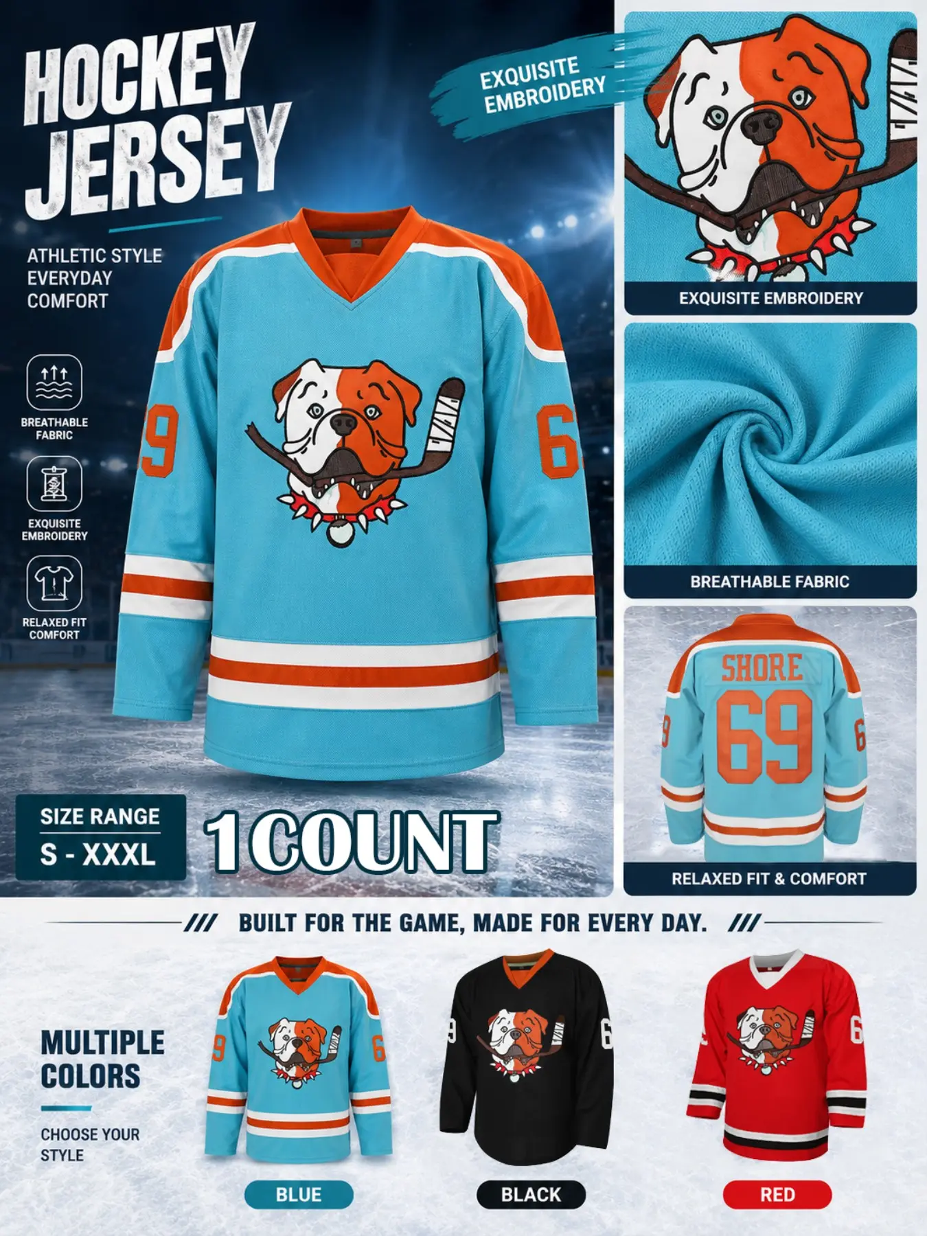 Men's Letter & Dog Embroidery Jersey, Vintage Long Sleeve V Neck Hockey Ball Uniform, Casual Animal Pattern Sportswear for Men, Athletic Style, Casual Athletic Apparel, Ice Hockey Sweatshirt