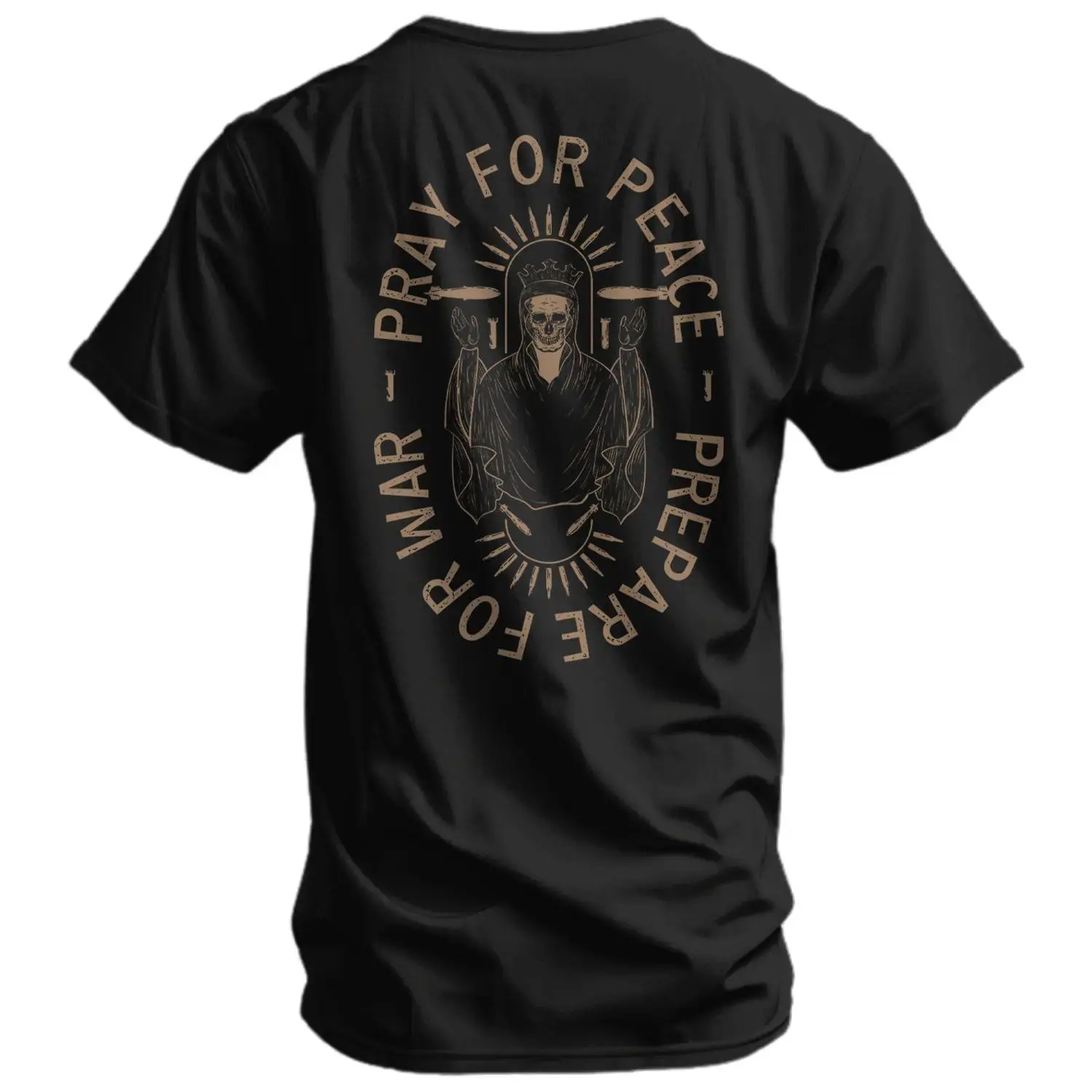 Pray for Peace Prepare for War Graphic Tee, Edgy Religious Skull King Print T-Shirt, Soft Black Cotton Crewneck, Gothic Alternative Streetwear, Casual Daily Wear, Provocative Statement, for Edgy Fashion Lovers