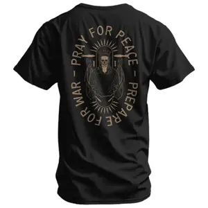 Pray for Peace Prepare for War Graphic Tee, Edgy Religious Skull King Print T-Shirt, Soft Black Cotton Crewneck, Gothic Alternative Streetwear, Casual Daily Wear, Provocative Statement, for Edgy Fashion Lovers
