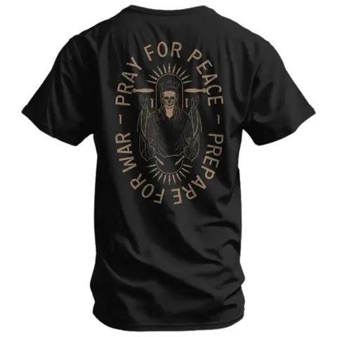 Pray for Peace Prepare for War Graphic Tee, Edgy Religious Skull King Print T-Shirt, Soft Black Cotton Crewneck, Gothic Alternative Streetwear, Casual Daily Wear, Provocative Statement Top, Gift for Edgy Fashion Lovers