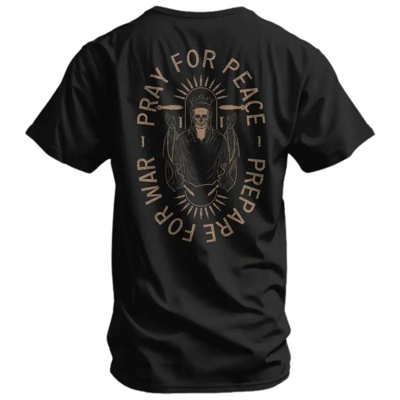 Pray for Peace Prepare for War Graphic Tee, Edgy Religious Skull King Print T-Shirt, Soft Black Cotton Crewneck, Gothic Alternative Streetwear, Casual Daily Wear, Provocative Statement Top, Gift for Edgy Fashion Lovers