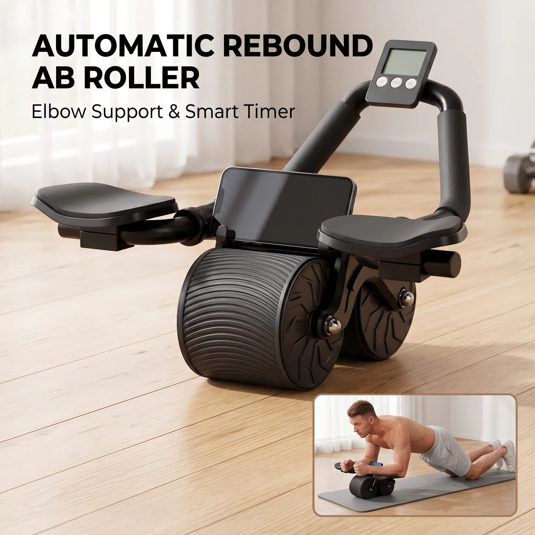 Automatic Rebound Ab Roller Wheel with Elbow Support, Double Wheel Core Abdominal Exercise Equipment with Knee Mat & Phone Stand for Home Gym Workout