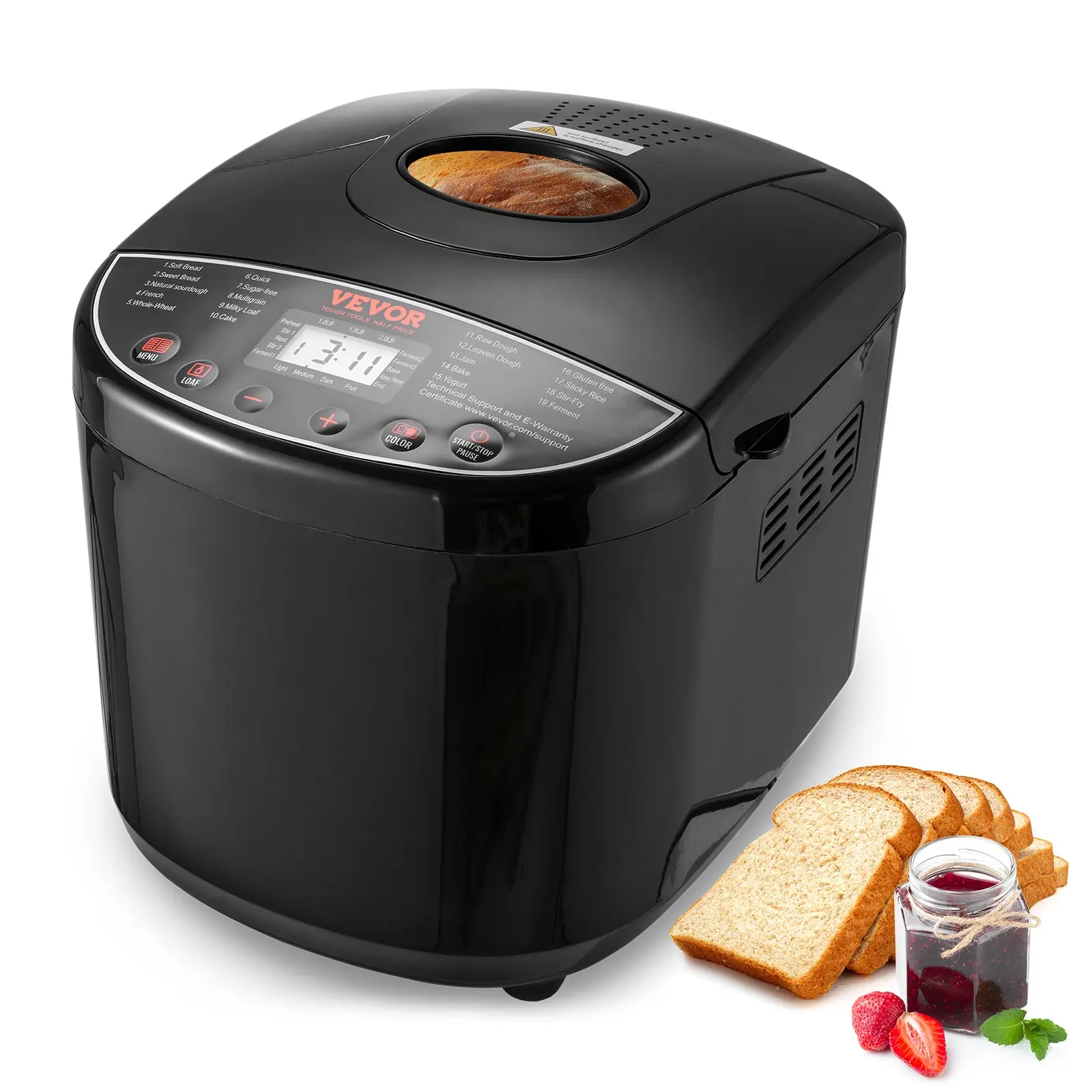 【Summerfinds】19-in-1 Automatic 2LB Kitchen Bread Maker with Digital Control, Nonstick Ceramic Pan, Gluten-Free Setting, Whole Wheat Option, Programmable Function, 3 Loaf Sizes, 3 Crust Colors - Father's Day Gift