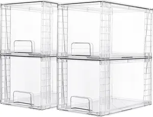 4 Pack Large Stackable Storage Drawers,Easily Assemble Acrylic Bathroom Closet Undersink Organizers and Storage,Plastic Bins for Kitchen Cabinets,Pantry,Makeup,Medicine Organization