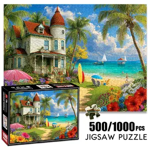 1pc 1000 piece adult puzzle 70x50cm Beach - side Victorian House with Palm Trees, Flowers and Surfboards 500 pieces of paper jigsaw puzzle, suitable for adults and families, large-scale DIY puzzl Box