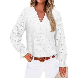 Women’s V-Neck Eyelet Lace Blouses with Lining, Dressy Sheer Long-Sleeve Shirts, Embroidered Blouses — 2025 Fashion
