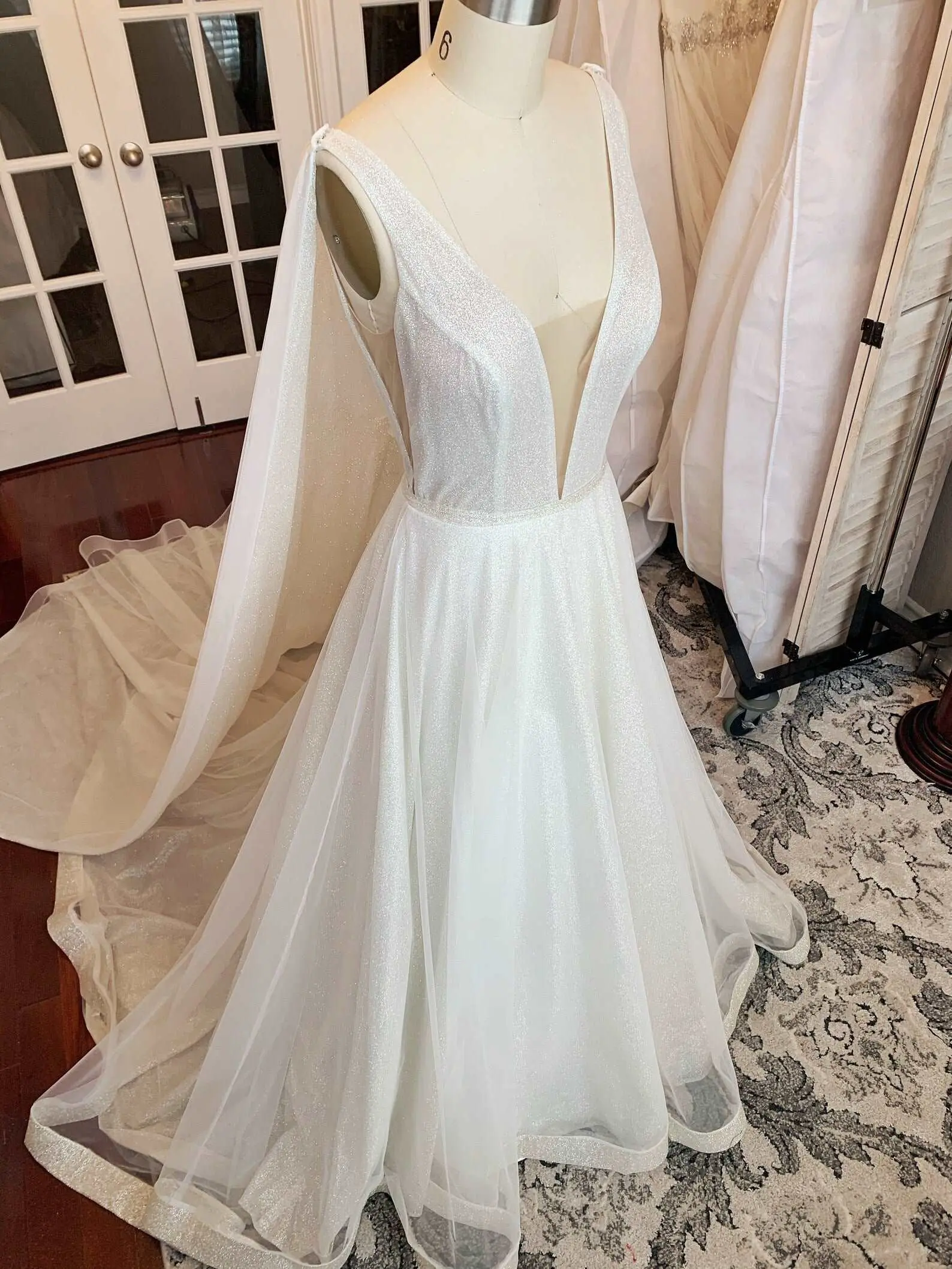 Sleeveless A-Line Wedding Dress in Glitter Tulle with Zip Closure and Detachable Cathedral Cape | Aubrey