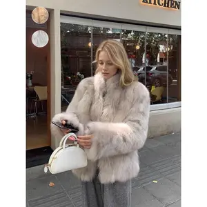 Women's Faux Fox Fur Coat, Stand Collar Long Sleeve H-Line Cut Thickened Warm Winter Fashion Outerwear, Casual Commuter Style