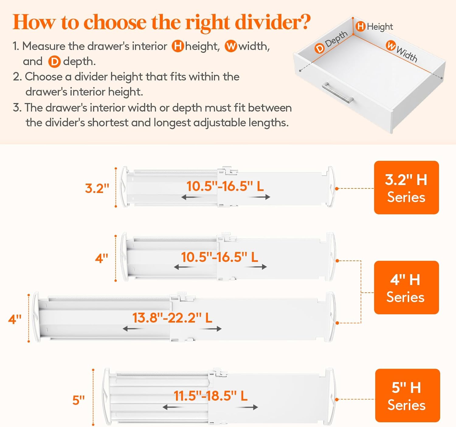 Drawer Dividers for Clothes, 3.2" High 10.5"-16.5" Expandable Dresser Drawer Organizers, Adjustable White Plastic Separators for Kitchen, Cabinet, Nursery, Socks & Underwear Storage, 4 Pack