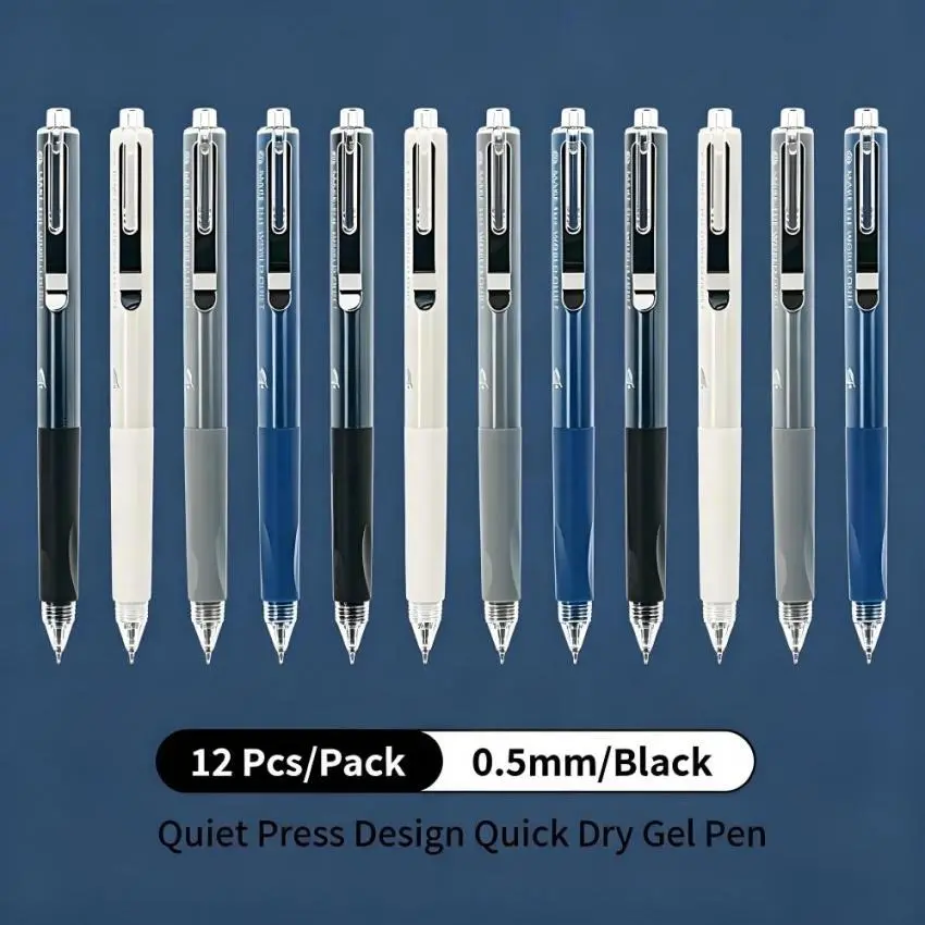 12-Pack Aesthetic Gel Pens with Triangular Grip, Quiet Press Design, Fast-Drying Large-Capacity Black Ink, Pre-Filled Refills, Office Stationery for College Students, Note Taking Pens