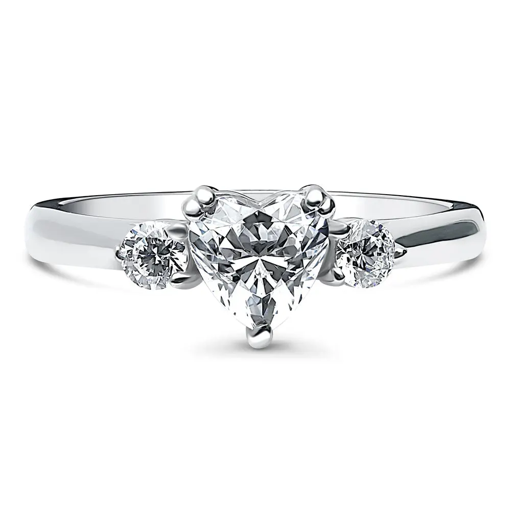BERRICLE Sterling Silver 3-Stone Heart Engagement Promise Rings for Her, 0.7 Carat Heart Shaped Cubic Zirconia CZ Ring