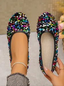 Women's Elegant Ballet Mary Jane Shoes, Rhinestone Decor, Slip-On Flat Casual Shoes, All Season Comfortable Soft Sole, Ballerina Flats