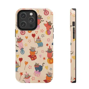 Cute Circus Cat Aesthetic iPhone Case, Colorful Kitten Design Rubber Cover with Fun Playful Floral Pattern, Durable Soft Glossy Protective Accessory for Cat Lovers with Shock Resistance