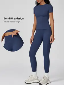 Women's High Elasticity Sportswear Set, Stretchable Activewear, Athletic Style Activewear, Half-High Neck Short Sleeve Top & High-Waisted Skinny Pants, Breathable Sweat-Release Yoga Gym Wear, Workout Running Clothes