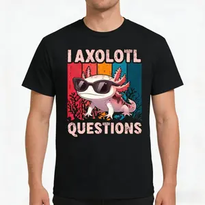 I Axolotl Questions T-Shirt, Unisex Retro Graphic Tee, Sarcastic Novelty Short Sleeve Apparel for Men Women and Kids, Aesthetic Animal Fashion Top, Colorful Round Neck Creature Streetwear Shirt