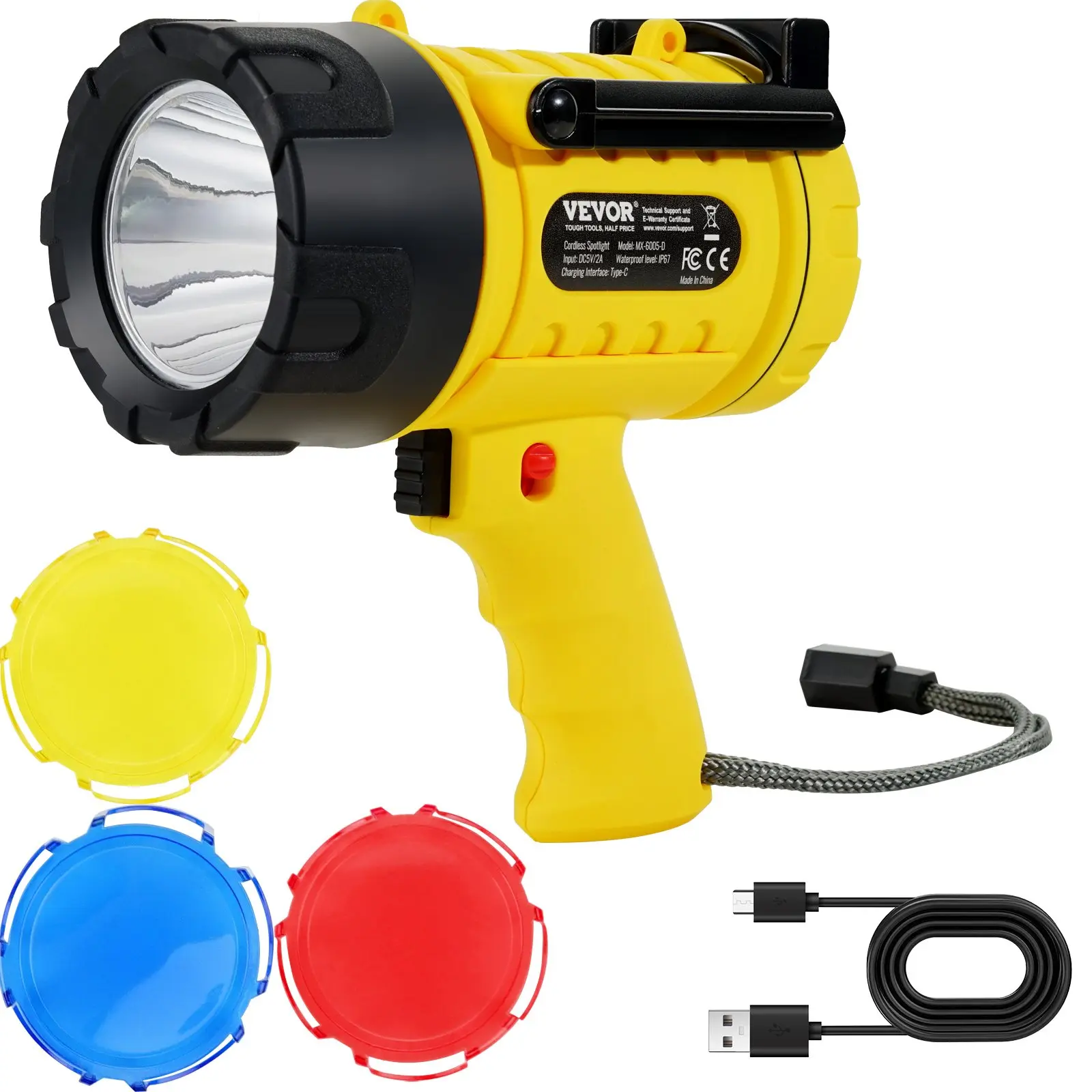 VEVOR 1000000lm Rechargeable LED Spotlight Flashlight, IP67 Waterproof Handheld Highlight, 4 Modes with Detachable Lens & USB Port, Outdoor Emergency Searchlight for Fishing Hunting