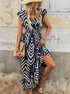 New Elegant Chic Geometric Pattern Casual Wear Dress, Cap Sleeve V Neck, Waist Cinching Design, Perfect for Daily Commute, Dates, Parties, Vacations, Summer