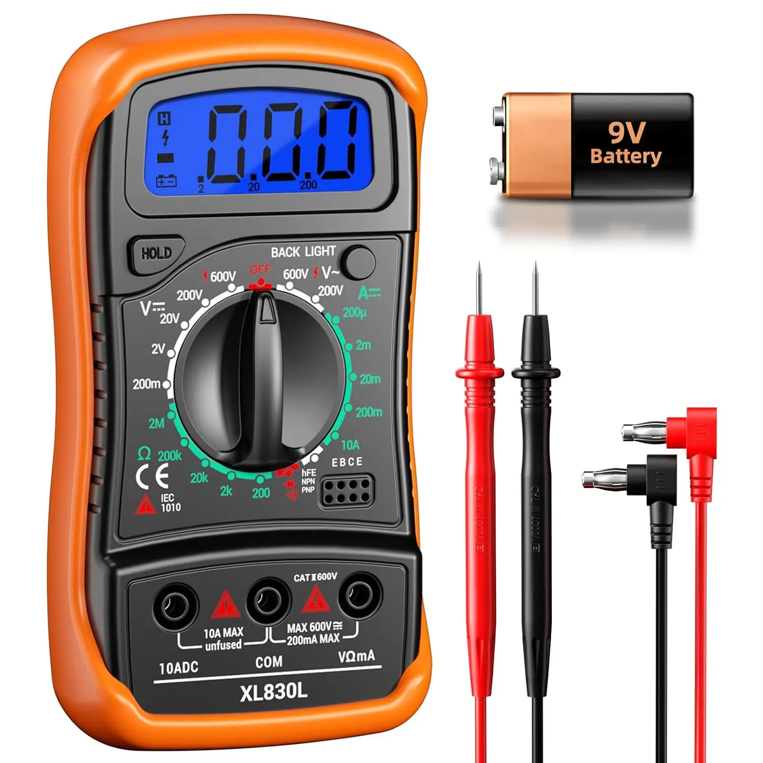 Multimeter with Case,Ammeter Voltmeter Ohmmeter AC/DC Voltage,DC Current,Resistance,Diode hFE Transistor,Backlit Screen,Data Retention,Electrical Test Meter for DIY Home Electrical Testing  Orange