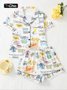 Women's Patchwork Graphic Print Pajama Set, Casual Fitted Summer Sleepwear Loungewear, Comfortable Elastic Shorts & Button-Down Top, Elegant Ladies' Nightwear
