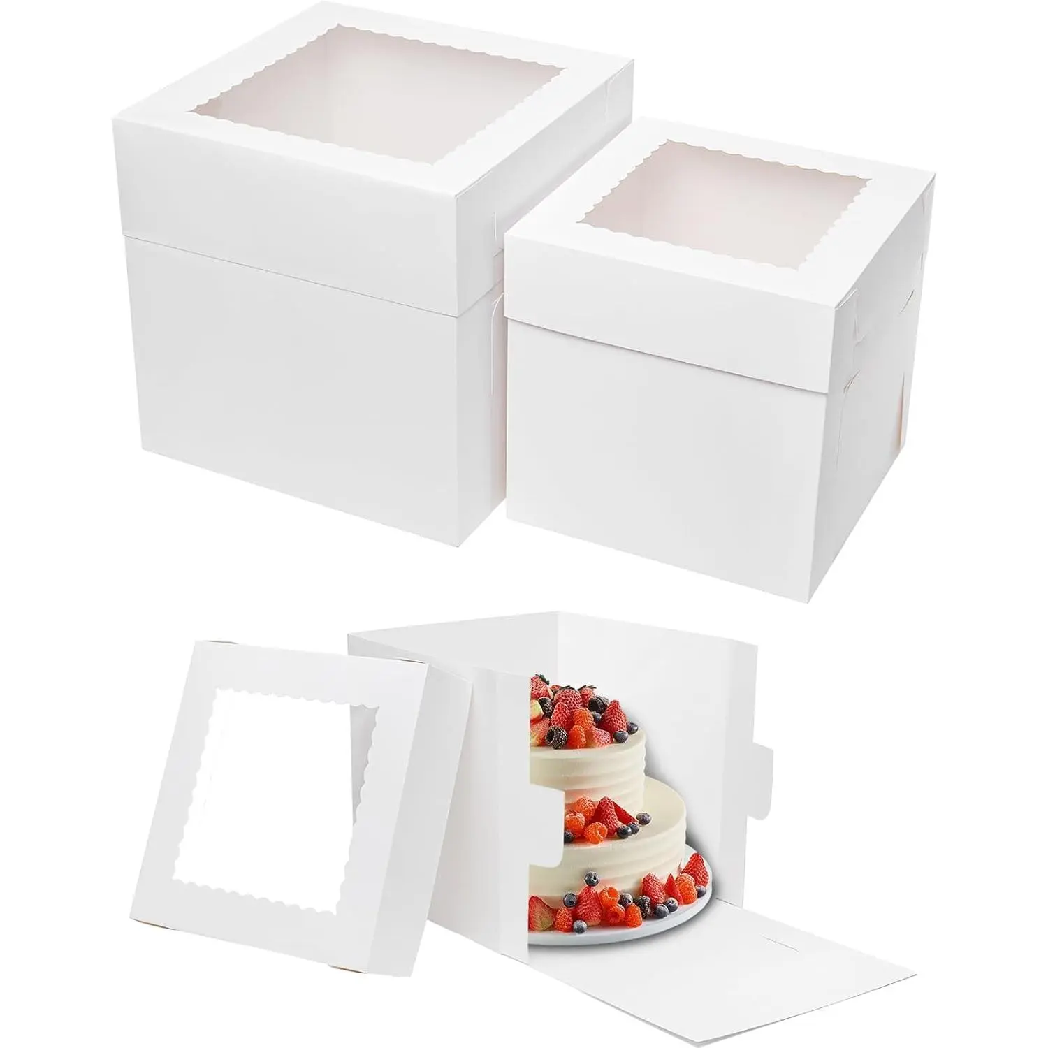16 count Cake Boxes 2 Sizes 12x12x12 10x10x10 Inches Tall Cake Boxes with Window for Tier Baking Disposable Bakery Containers with  White Large Cardboard Take Out Carrier for Wedding, Party
