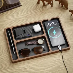 Wooden Desk Organizer Tray, Multi-compartment Desk Organizer, Desk Storage Tray for Phone, Smartwatch, Glasses, Wallet, and Pens, Office Decor, Office Desk Accessories