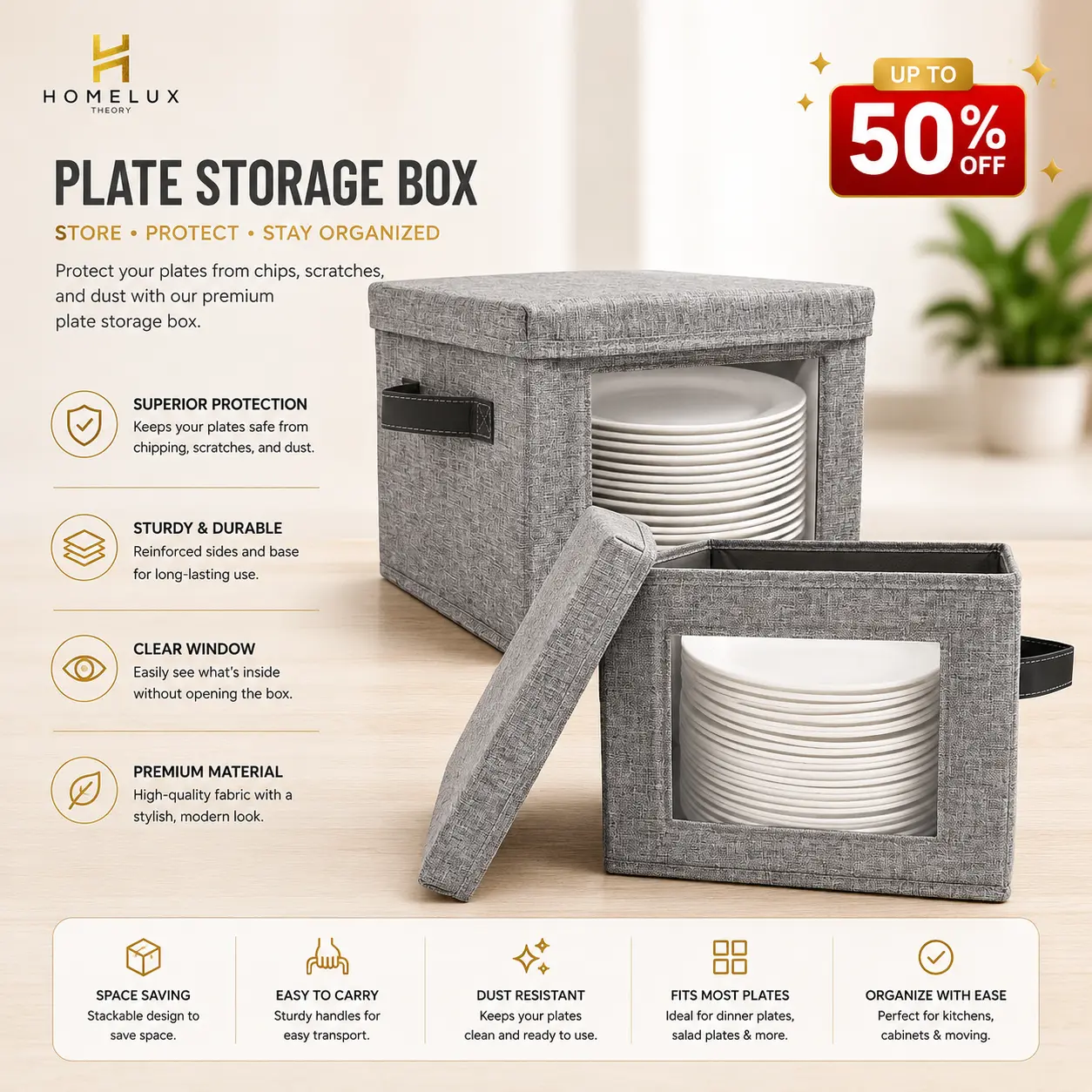 Plate Storage Containers with Lids – 2PC 12x8" Hard Shell Dish Storage Boxes for Dinner Plates & Fine China, Heavy Duty Dinnerware Storage with 30 Felt Pads | Homelux Theory sohochic