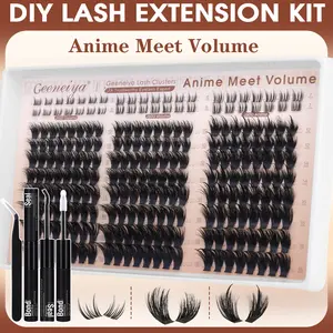 Geeneiya Anime Meet Volume Lash Clusters Kit with Bottom Lashes |Volume Lashes |Spiky Lashes | with Waterproof Lash Bond and Seal, Tweezers,DIY Lash Clusters Kit D Curvature