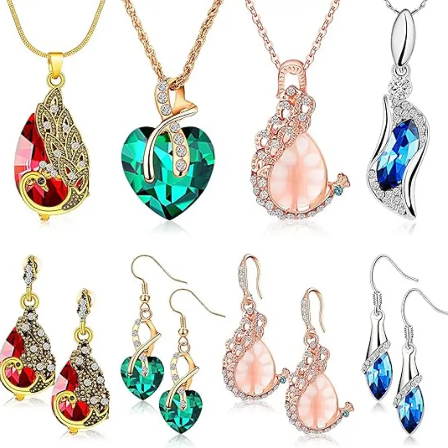 4 Set Peacock Jewelry Sets for Women Crystal Necklace Earrings Rhinestone Waterdrop Pendant Heart Charm Hook Earrings Indian Jewelry Set for Mother's Gift Valentine's Gifts Lover Ladies