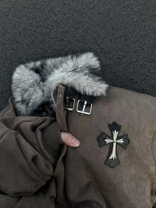 Unisex American Vintage Faux Fur Trim Mountain Carved Cotton Jacket, fleece lining + faux fur trim design + metal button decoration + cross embroidery + side zipper pocket + durable fabric construction, perfect for commuting or everyday street style, prov