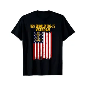 USS Berkeley DDG-15 Destroyer Veterans Day Father's Day Dad Printed T-shirt Comfortable, Casual Short Sleeve, Daily Wear, All Season, Black, Men,Made in USA