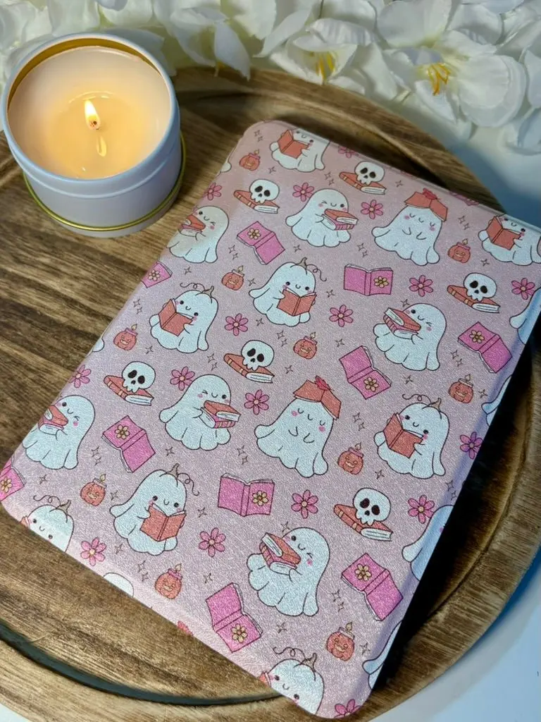 Pink Bookish Ghosts Inspired Slim & Smart Kindle Case – Clear Back with Auto Sleep/Wake Computer Cover Protective Durable