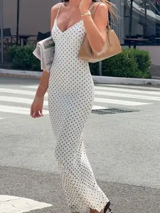 Women's Milk Silk Fabric Dress in with Polka Dots, Young Romantic Chic Maxi Dress for Date Night and Valentine's Day, Slim Fit Sexy V Neck Design for Elegant Summer Style