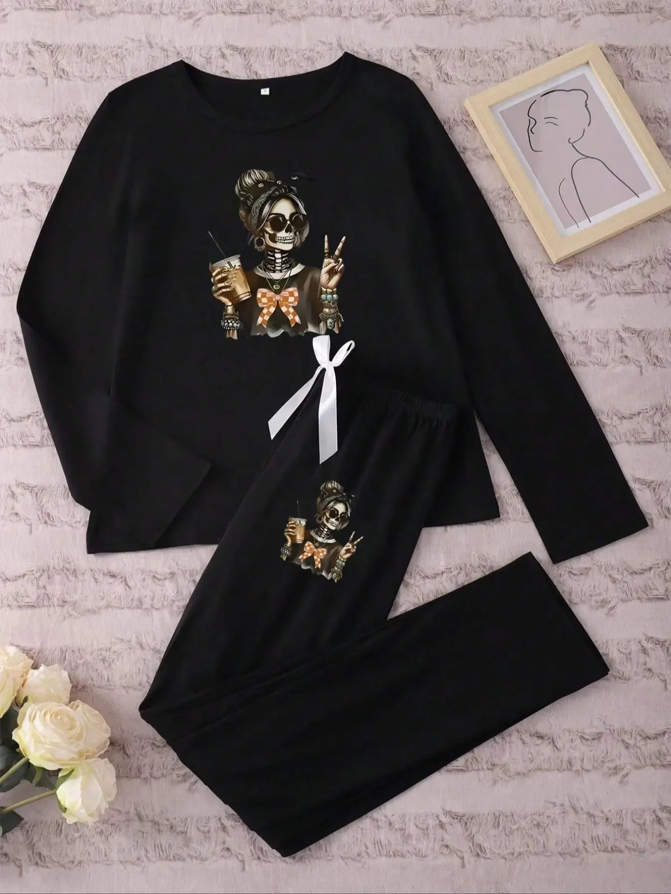 Women's Long Sleeve Pajama Sleepwear Loungewear Matching Set, Halloween Skull Print Design, Fitted Style, Moderate Fabric Thickness, Ideal for Spring & Fall Seasons