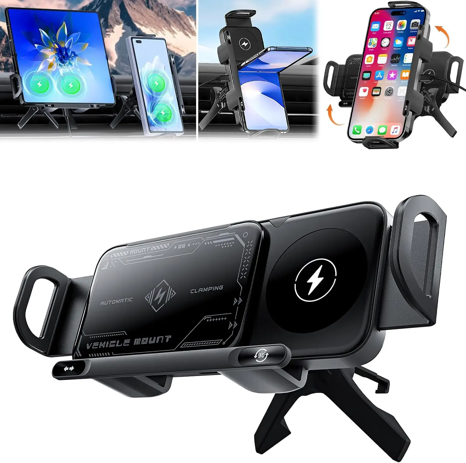 Wireless Car Charger for Samsung Galaxy Z Fold 6 5 4 3 2, Rotatable Dual Coils Fast Charging Phone Holder for Pixel 9 Pro Car Mount