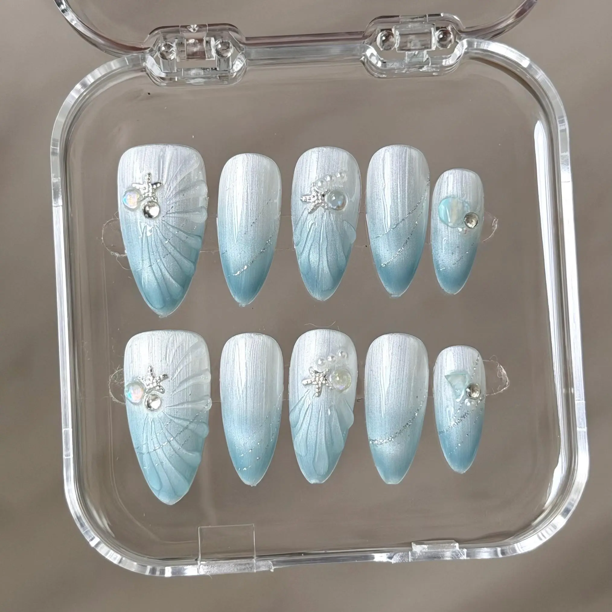 Hand Painted Almond Nails: Blue Ombré Nails 3D Water Waves