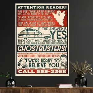 1 Frameless Canvas Poster, Retro Ghostbusters Advertising Art, Hunting Theme Canvas Wall Art, Poster Print, Holiday Gift Art Wall Painting, Suitable for Bedroom, Office, Living Room, Cafe, Wall Decoration, Home and Dormitory Decoration