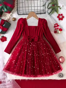 Girls Elegant Long Sleeve Dress with High Collar, Sparkling Star Mesh Design for Autumn & Winter, Casual Fitted Dress for Kids, Sparkly Glitter Dresses