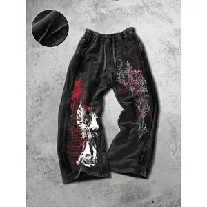 Men's Casual Sporty Long Pants, Thorn Angel Pattern Print, Drawstring Side Hem, Loose-Fitting Cotton, All Seasons Wear, Sports Casual Pants