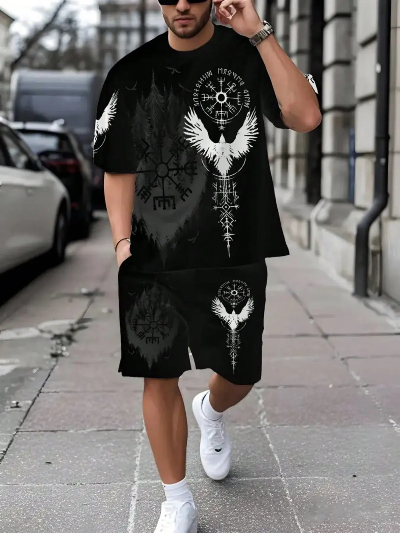 Men's Two-Piece Set, Short Sleeve Top and Shorts, Viking Odin Rune Graphic Print, Casual Summer, Fitted, All over Print, Plain Surface, Menswear, Fitted Outfit Sets