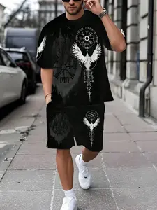Men's Two-Piece Set, Short Sleeve Top and Shorts, Viking Odin Rune Graphic Print, Casual Summer, Fitted, All over Print, Plain Surface, Menswear, Fitted Outfit Sets