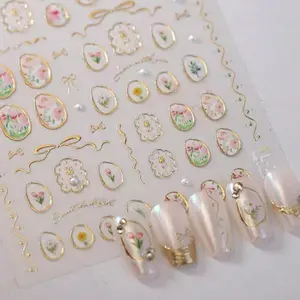 5D Embossed Flower Nail Stickers Tulip & Geometric Designs, Gold Hollow Frames Self-Adhesive DIY Acrylic Nail Art Supplies, Irregular Nail Decals