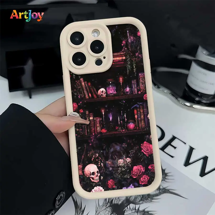 Shockproof Protective Smartphone Case - iPhone 17 Pro Max,16,16 Plus,15,14,13,12 Cover, Cream-White Lens Frame, Retro Gothic Print (Dark Magic Bookshelf,Skulls,Red Roses,Candles,Potion Bottles), Fashion Holiday Gift Casing, Phone Protector Accessories