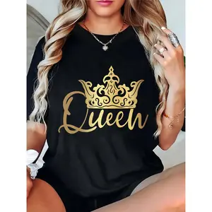 Women's Black T-Shirt with Golden Crown & 'Queen' Graphic – Stylish Casual Top for Date Nights, Parties, or Everyday Wear
