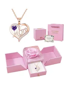 Gift for Mom, Birthstone Heart Pendant Necklace with Preserved Rose Box, Elegant Stainless Steel Chain, Perfect Mother's Day Present