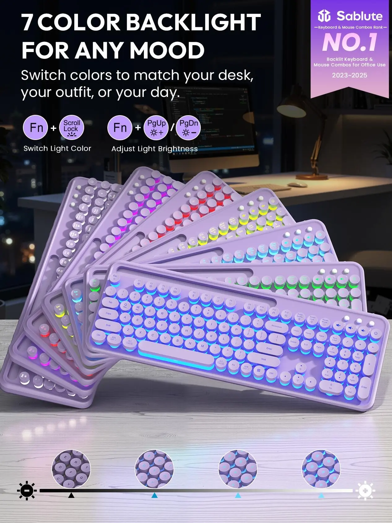 SABLUTE CK13Pro Wireless Keyboard and Mouse Combo - Backlit Typewriter Keyboard with Magnetic Wrist Rest & Phone Holder, Light Up Round Keycaps, 2.4GHz Cordless Set for Mac, Windows, PC, Laptop,, Compatible Keyboard & Mouse Combos, Customizable Rgb Backli