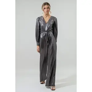 Pewter Metallic Rib Lurex Balloon Sleeve Jumpsuit