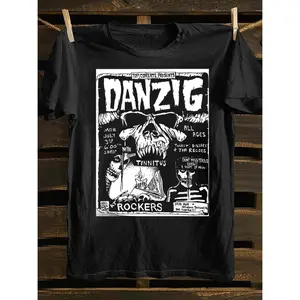 [100% Cotton Danzig T-Shirt] Soft 100% Cotton Men's Danzig Punk Rock Band T-Shirt | Vintage TV Poster Design, Casual All-Match, Machine Washable, Black with White Graphics