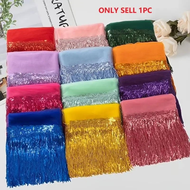 2 Pieces Long 20cm Wide Sparkling Glittering Sequined Fringe Trim, Belly Dance Stage Costume DIY Accessories, Fashion Clothing Edge Decorations, Decorative Trim
